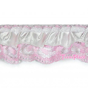 PINK 1-1/8 INCH RUFFLED LACE WITH WHITE RIBBON