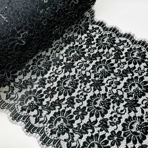 Black 16-1/2" with Silver Metallic Outline & Accents, Eyelash Lace Galloon - 5 Yards