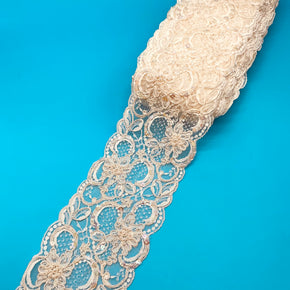 Natural with Pearls & Sequins 4-1/2" Corded/Re-embroidered Raschel Lace - 5 Yards