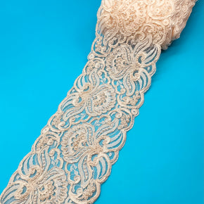 Natural 5" Corded/Re-Embroidered Lace Galloon with 2mm Pearls - 5 Yards