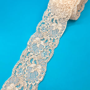 Natural 3-1/2" Corded/Re-Embroidered Raschel Lace Galloon - 5 Yards