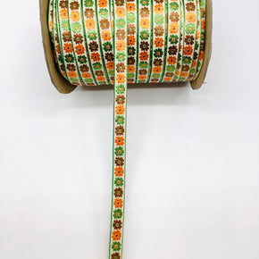 Orange, Brown & Green on Light Beige Background 1/2" Woven Jacquard - 10 Yards