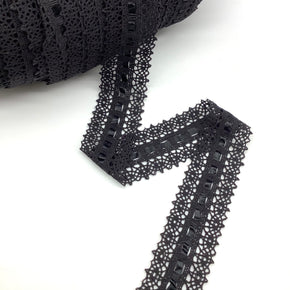 Black 2-1/8" 100% Cotton Cluny Lace Galloon with Black Ribbon - 10 Yards