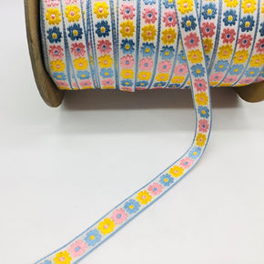 Pink, Light Blue & Yellow on White Background 1/2" Woven Jacquard - 10 Yards