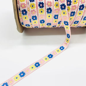Dark Blue, Pink & Maize on White Background 1/2" Woven Jacquard - 10 Yards