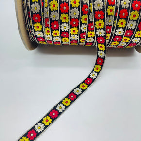 Red, Silver & Yellow on Black Background 1/2" Woven Jacquard - 10 Yards