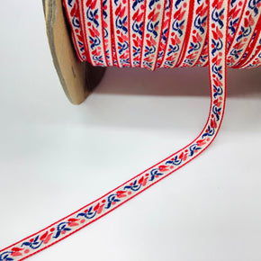 Red, Navy & Pink on White Background 7/16" Vintage Woven Tulip Jacquard - 12 Yards
