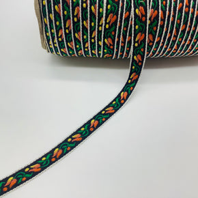 Yellow, Orange & Kelly on Black Background 7/16" Vintage Woven Tulip Jacquard - 12 Yards