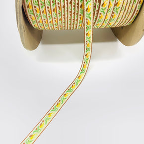Lt. Brown, Lime & Yellow on Beige Background 7/16" Vintage Woven Tulip Jacquard - 12 Yards