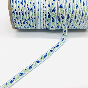 Dark Blue, Lt. Blue & Green on White Background 7/16" Vintage Woven Tulip Jacquard - 12 Yards