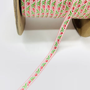 Pink, Coral & Lime on White Background 7/16" Vintage Woven Tulip Jacquard - 12 Yards