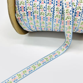 Lt. Blue, Pink & Green on White Background 5/8" Vintage Woven Jacquard - 12 Yards