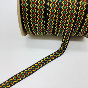 Yellow, Green, Red & White on Black Background 5/8" Vintage Woven Geometric Jacquard - 10 Yards
