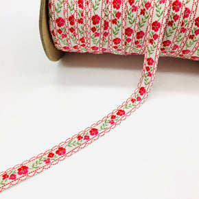 Red, Pink & Green on Off White Background 5/8" Vintage Woven Jacquard - 10 Yards
