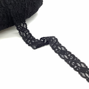 Black 1-1/2" Stretch Lace Galloon with Pretty Floral & Scroll Design - 10 Yards