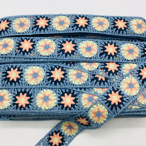 (Lt. Blue, Navy, Peach & Maize) 1-7/8" Crochet Lace - 3 Yards