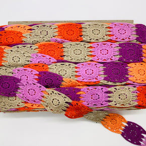 (Lt. Orange, Lavender, Lilac, Sand & Dk Orange) 1-3/4" Crochet Lace Galloon - 3 Yards