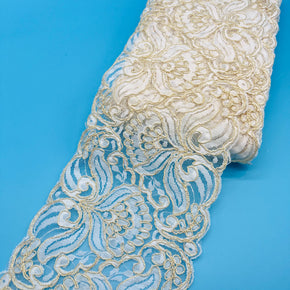 5-3/4" White with Gold Cording Re-Embroidered Lace Galloon - 5 Yards