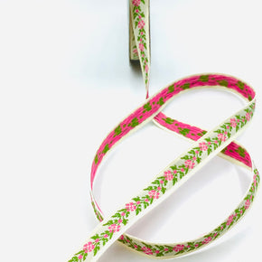 White with Pink & Green Flowers 1/2" Woven Edge Jacquard Ribbon