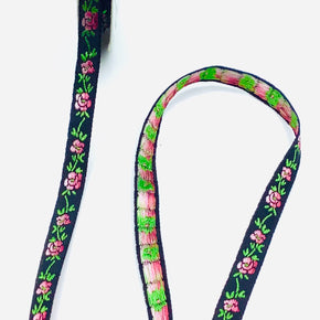 Black with Pink & Green Flowers 5/16" Woven Edge Jacquard Ribbon