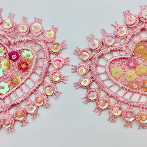 Pink Heart Venice Lace 3-1/4" Wide X 3-1/4" High Applique with Cupped Sequins & Beads - 2 Pieces