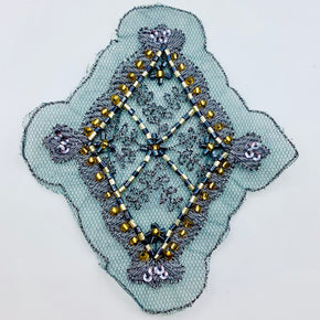 Embroidered Gray (4" X 4-1/2") Applique with Silver/Gold/Black Beads - 2 Pieces
