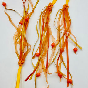 Orange/Yellow Organza Ribbon Tassel with Orange Beads - 12" Long