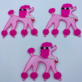 Pink (2-3/4" X 2-3/4") Satin Embroidered Poodle with Rhinestone Bow Heat Seal Applique  - 3 Pieces