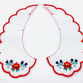 White Baby Collar with Red Scallop & Floral Bouquet